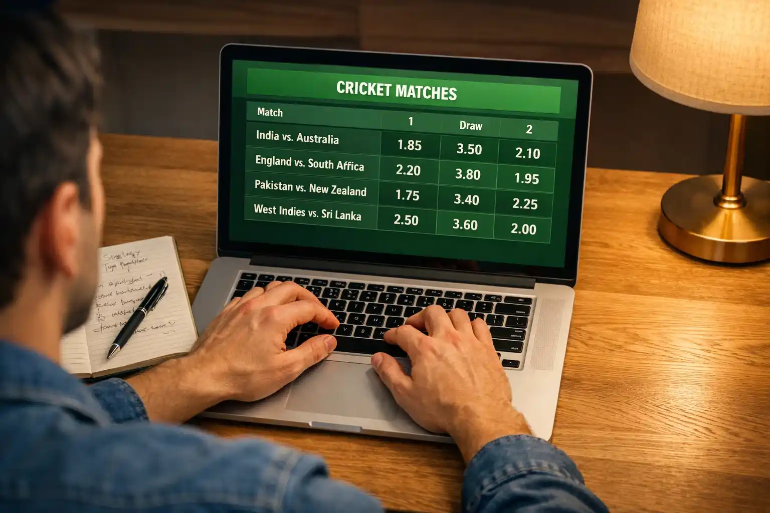 Persoon achter een laptop die cricketwedstrijden en odds vergelijkt op het scherm